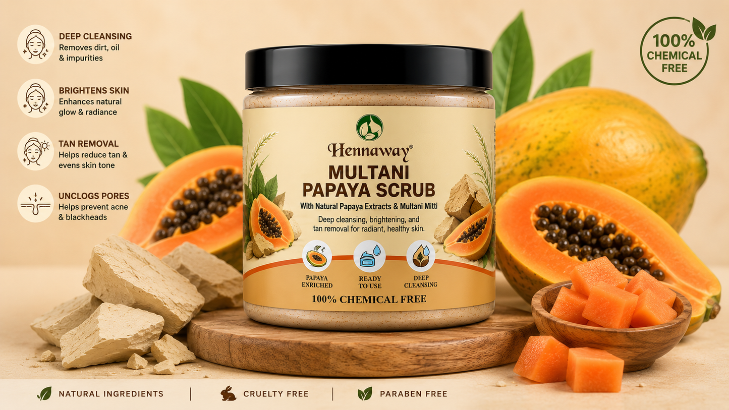 Hennaway Multani Papaya Scrub | Ready to Use Face Scrub with Papaya Extract & Multani Mitti | Deep Cleansing, Tan Removal & Brightening Scrub 100GM