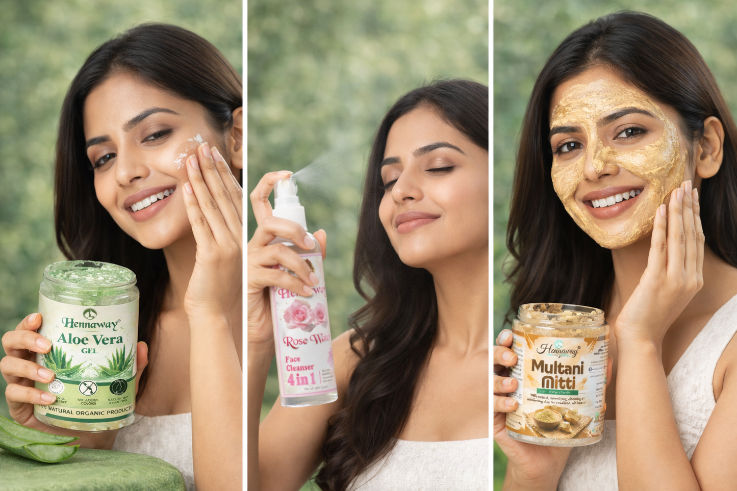 Hennaway Skin Glow Combo | Aloe Vera Gel + Rose Water + Multani Mitti Powder | Natural Face Care Combo for Glowing, Fresh & Soft Skin