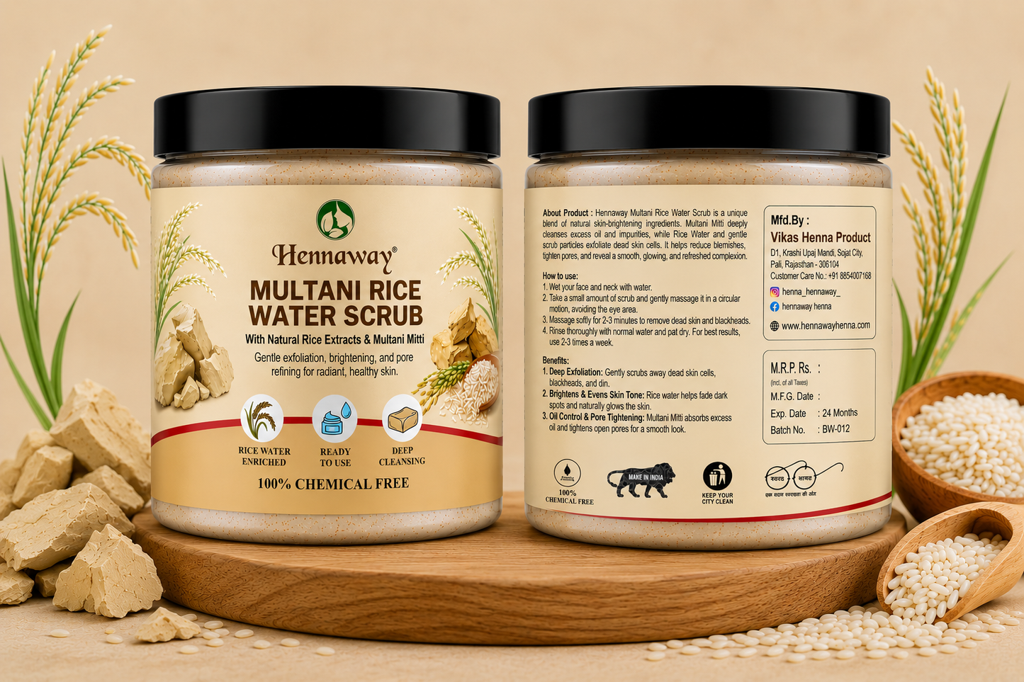 Hennaway Multani Rice Water Scrub | Ready to Use Face Scrub with Multani Mitti & Rice Extract | Deep Cleansing, Exfoliation & Skin Brightening 100GM