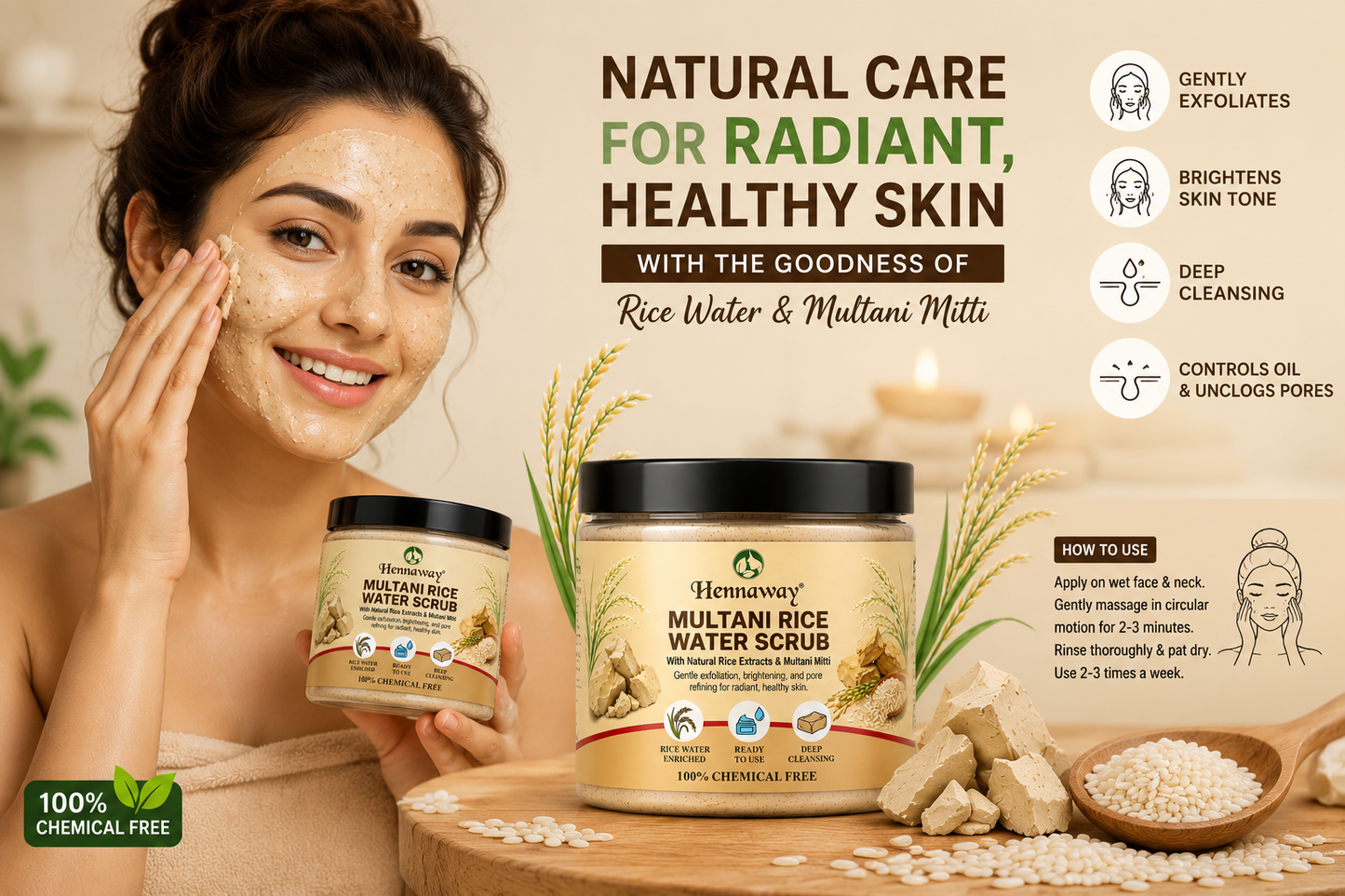Hennaway Multani Rice Water Scrub | Ready to Use Face Scrub with Multani Mitti & Rice Extract | Deep Cleansing, Exfoliation & Skin Brightening 100GM