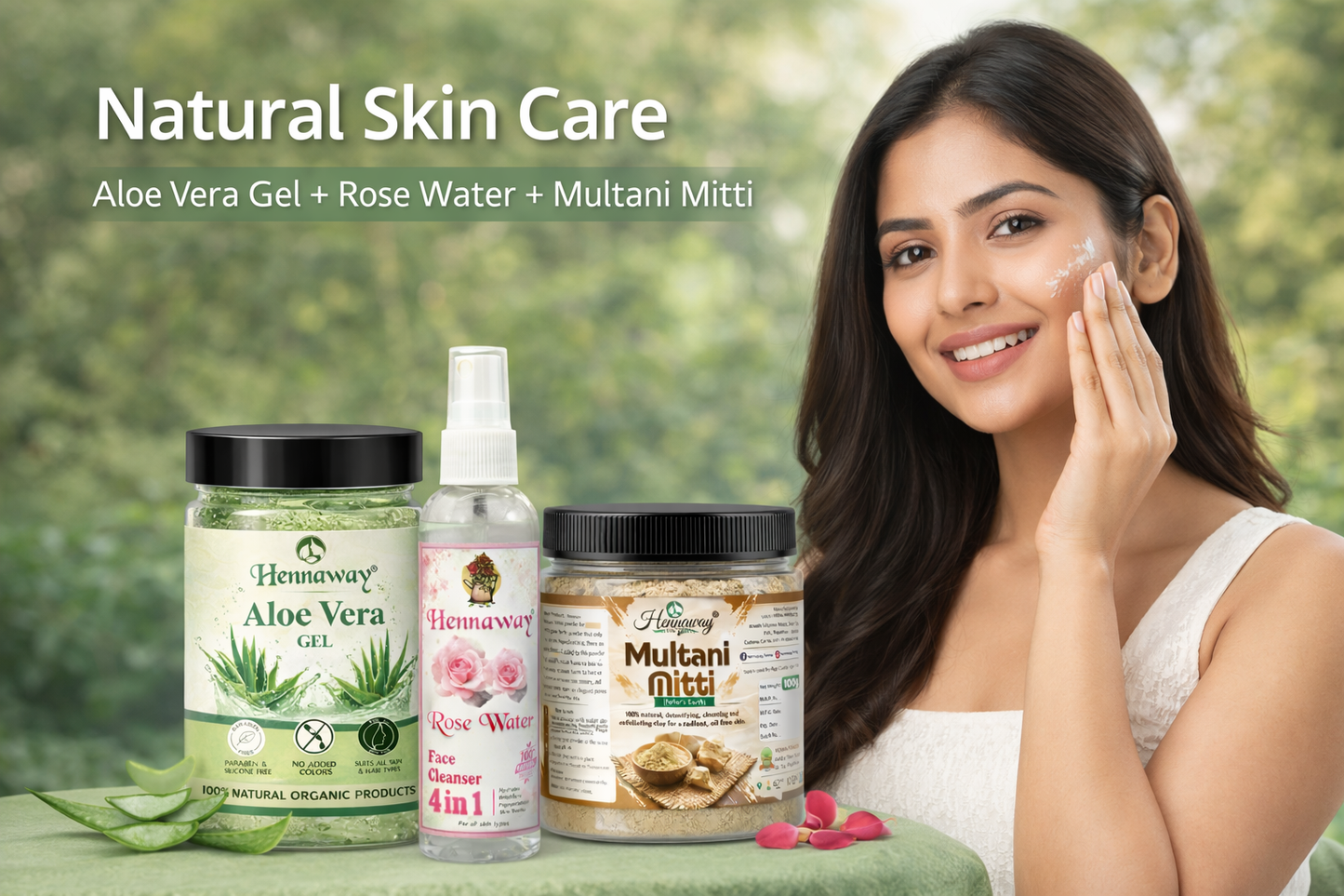 Hennaway Skin Glow Combo | Aloe Vera Gel + Rose Water + Multani Mitti Powder | Natural Face Care Combo for Glowing, Fresh & Soft Skin