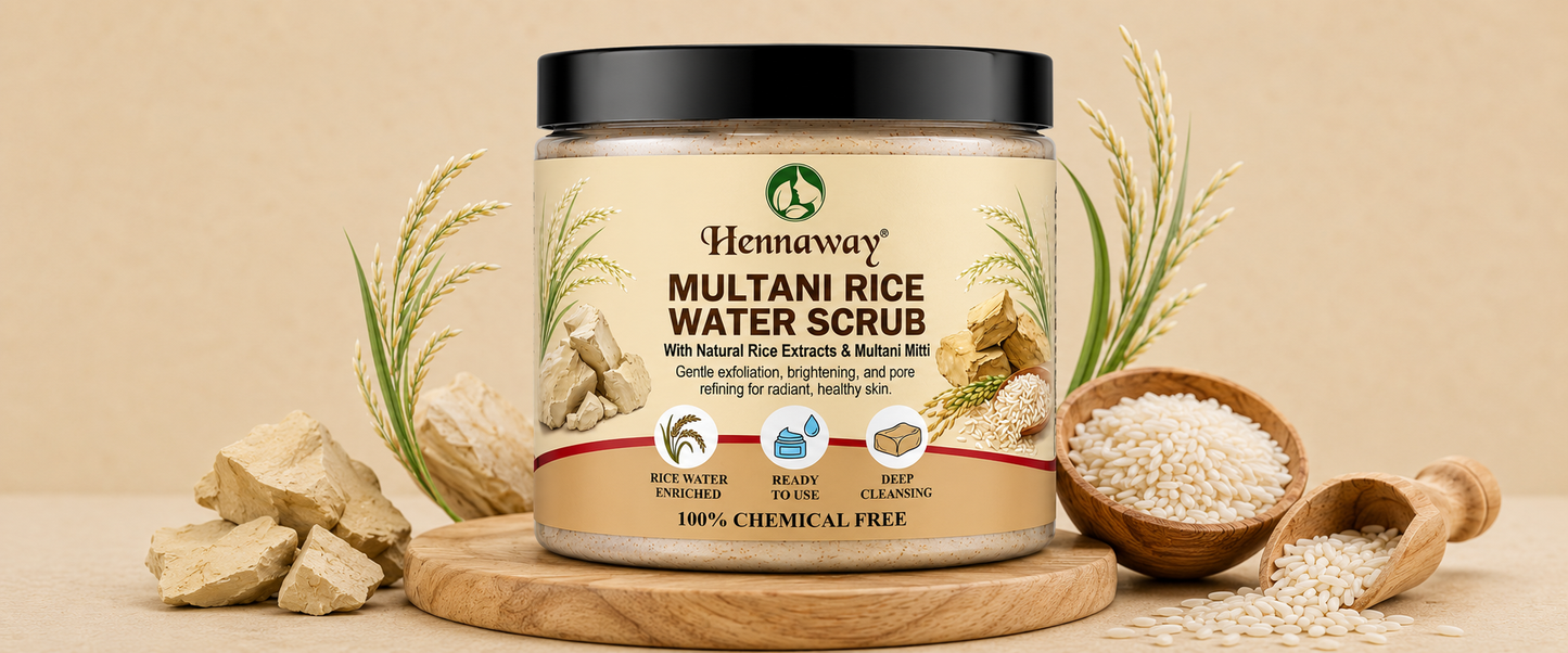Hennaway Multani Rice Water Scrub | Ready to Use Face Scrub with Multani Mitti & Rice Extract | Deep Cleansing, Exfoliation & Skin Brightening 100GM